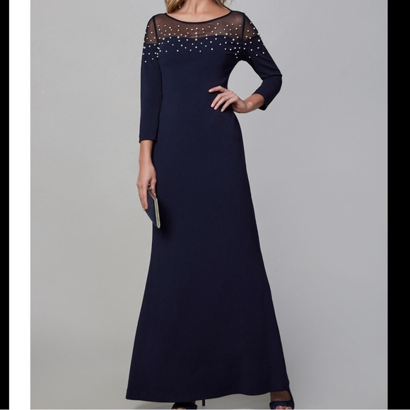 VEUC Karl Lagerfeld P-Dress Navy Pearl Detailing Mesh Neckline Size 4 - Picture 1 of 5